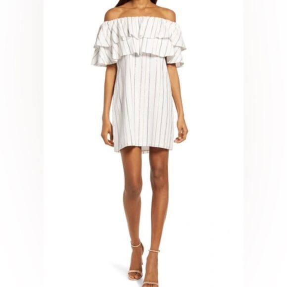 CHARLES HENRY Metallic Stripe Off-the-Shoulder Popover Dress Ivory Sz L - Picture 1 of 8
